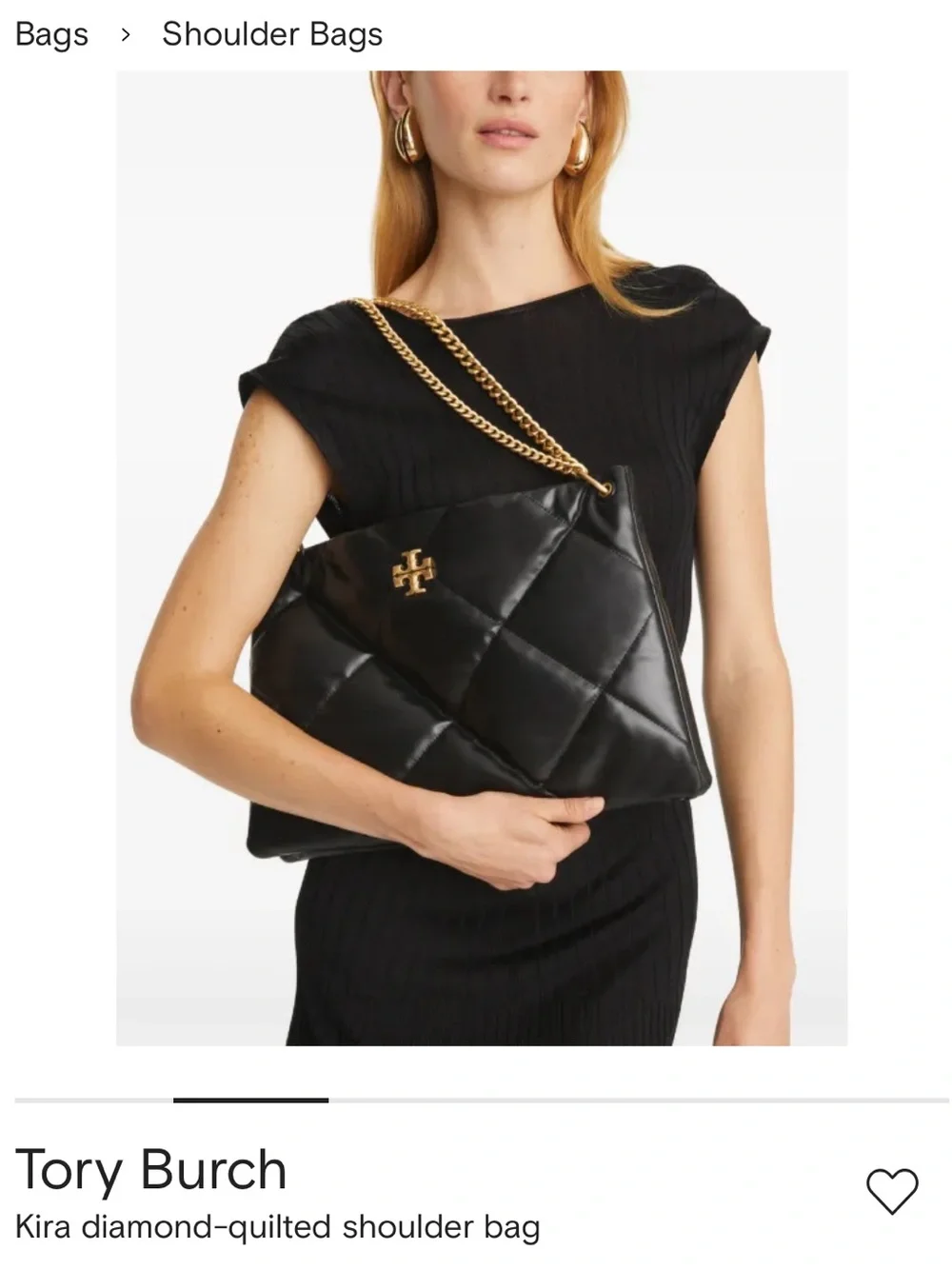 Tory Burch Kira Black Quilted Leather Shoulder Bag with Gold Chain